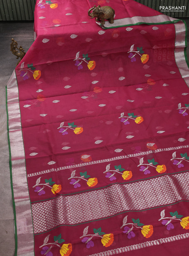 Pure zari kota silk saree wine shade and green with allover silver zari weaves & thread woven buttas and zari woven border
