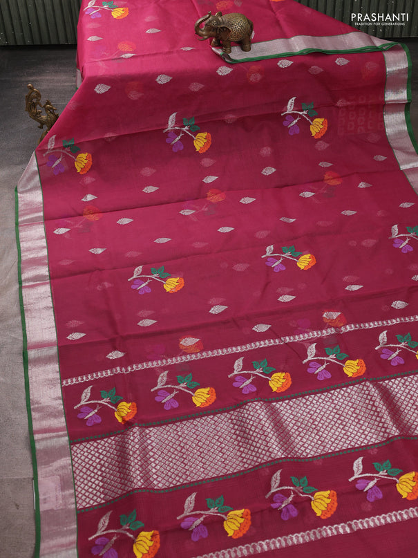 Pure zari kota silk saree wine shade and green with allover silver zari weaves & thread woven buttas and zari woven border