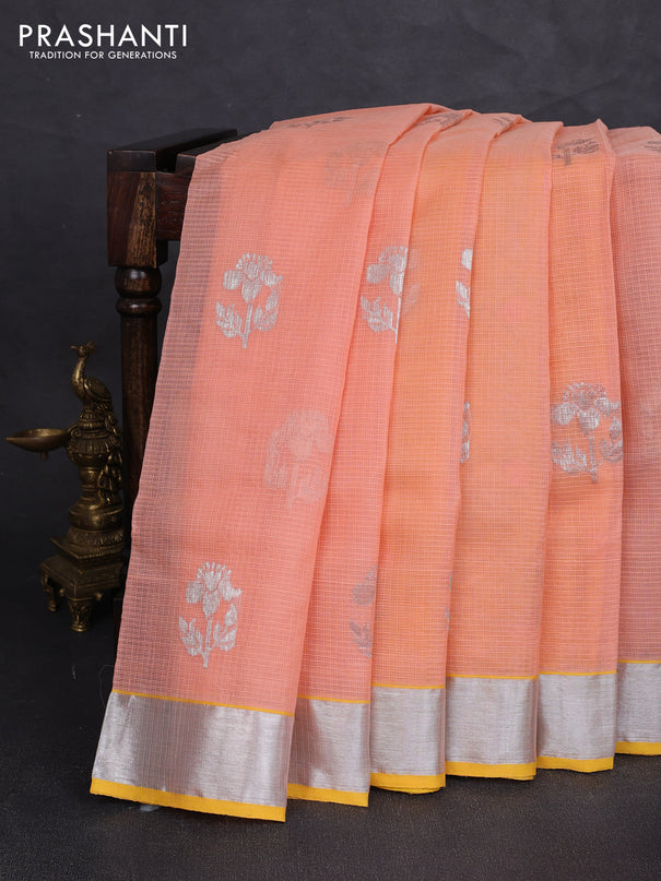 Pure zari kota silk saree peach orange and yellow with allover silver zari woven buttas and zari woven border