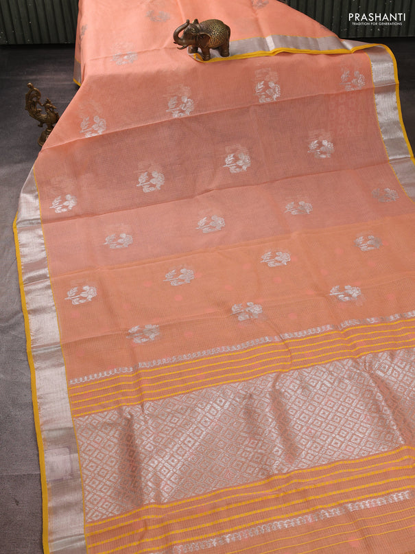 Pure zari kota silk saree peach orange and yellow with allover silver zari woven buttas and zari woven border