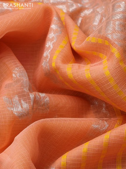 Pure zari kota silk saree peach orange and yellow with allover silver zari woven buttas and zari woven border