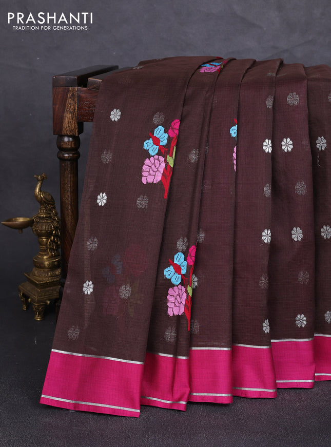 Pure zari kota silk saree coffee brown and pink with allover silver zari weaves & thread woven buttas and rettapet zari woven border