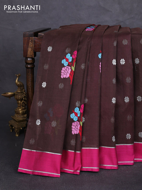 Pure zari kota silk saree coffee brown and pink with allover silver zari weaves & thread woven buttas and rettapet zari woven border