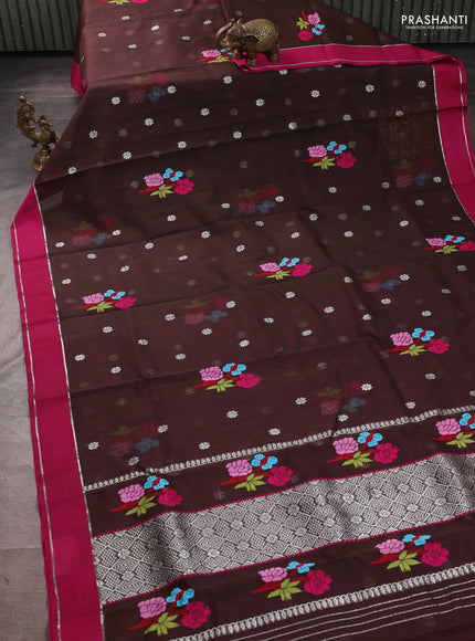 Pure zari kota silk saree coffee brown and pink with allover silver zari weaves & thread woven buttas and rettapet zari woven border