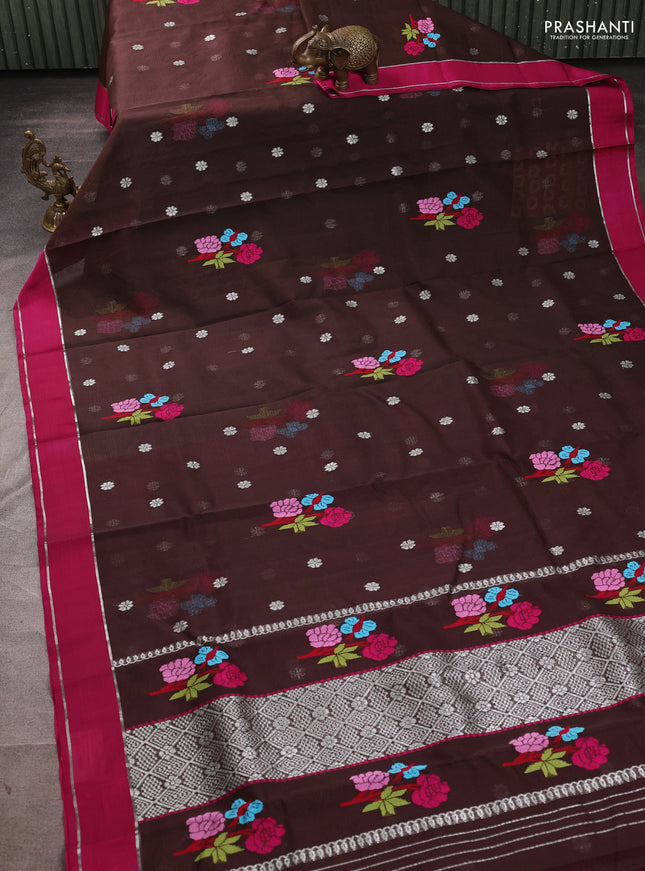 Pure zari kota silk saree coffee brown and pink with allover silver zari weaves & thread woven buttas and rettapet zari woven border