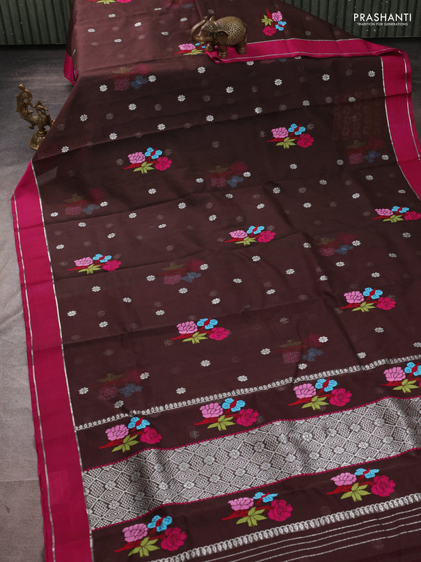 Pure zari kota silk saree coffee brown and pink with allover silver zari weaves & thread woven buttas and rettapet zari woven border