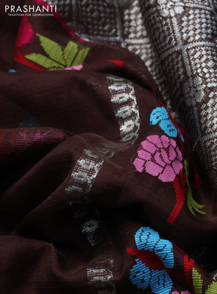 Pure zari kota silk saree coffee brown and pink with allover silver zari weaves & thread woven buttas and rettapet zari woven border