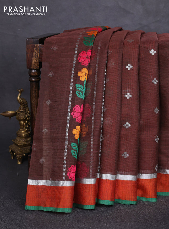 Pure zari kota silk saree coffee brown and orange with allover silver zari weaves & thread woven buttas and zari woven simple border