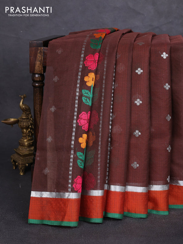 Pure zari kota silk saree coffee brown and orange with allover silver zari weaves & thread woven buttas and zari woven simple border