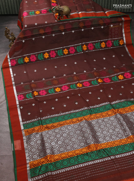 Pure zari kota silk saree coffee brown and orange with allover silver zari weaves & thread woven buttas and zari woven simple border