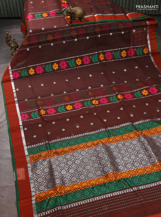 Pure zari kota silk saree coffee brown and orange with allover silver zari weaves & thread woven buttas and zari woven simple border