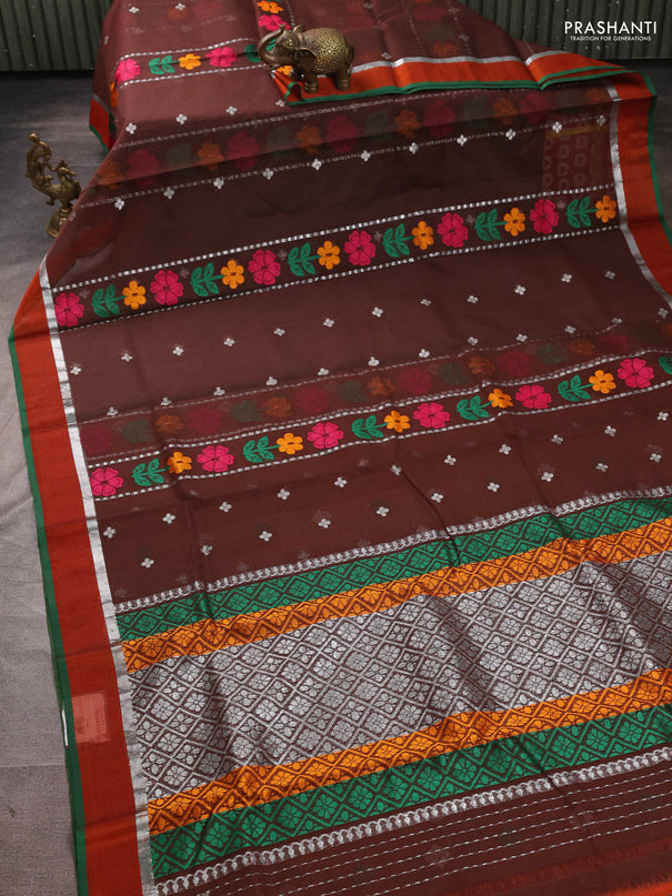 Pure zari kota silk saree coffee brown and orange with allover silver zari weaves & thread woven buttas and zari woven simple border
