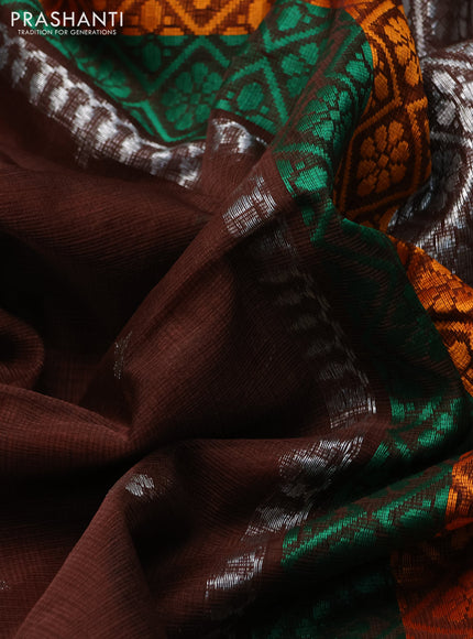 Pure zari kota silk saree coffee brown and orange with allover silver zari weaves & thread woven buttas and zari woven simple border