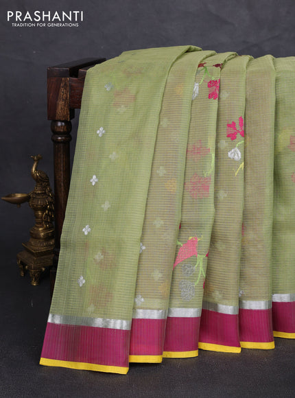 Pure zari kota silk saree pastel green and pink with allover silver & thread woven buttas and silver zari woven simple border