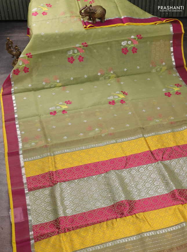 Pure zari kota silk saree pastel green and pink with allover silver & thread woven buttas and silver zari woven simple border