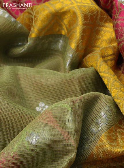 Pure zari kota silk saree pastel green and pink with allover silver & thread woven buttas and silver zari woven simple border