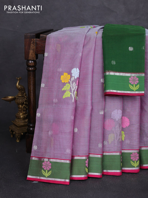 Pure zari kota silk saree dual shade of pink and green with allover silver & thread woven buttas and rettapet zari woven border