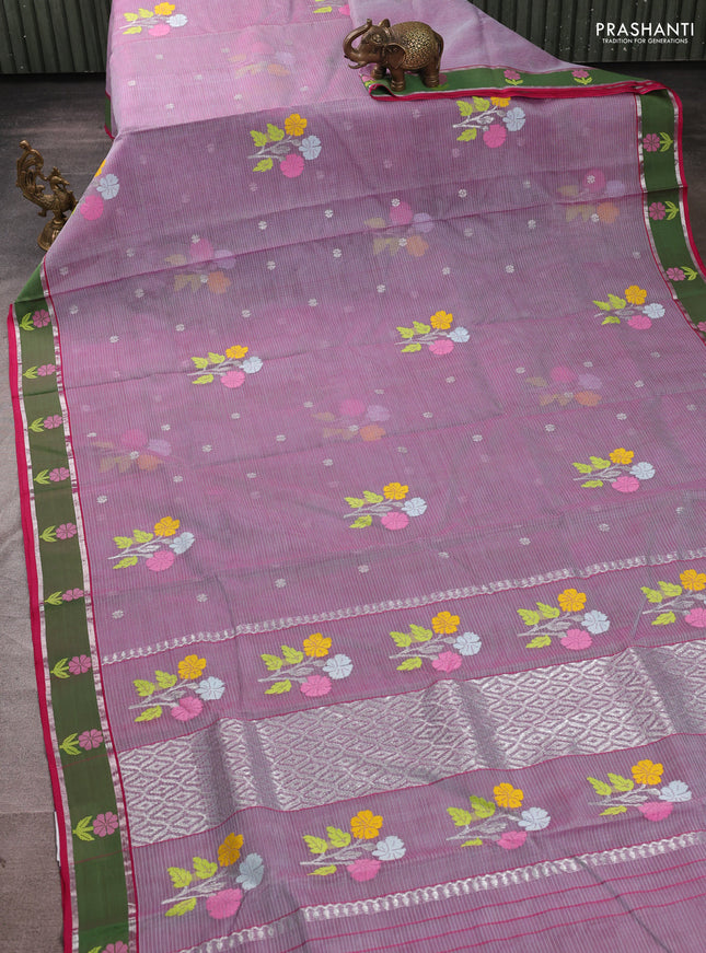 Pure zari kota silk saree dual shade of pink and green with allover silver & thread woven buttas and rettapet zari woven border