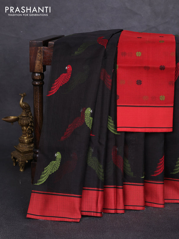 Pure zari kota silk saree black and red with allover thread woven buttas and rettapet border