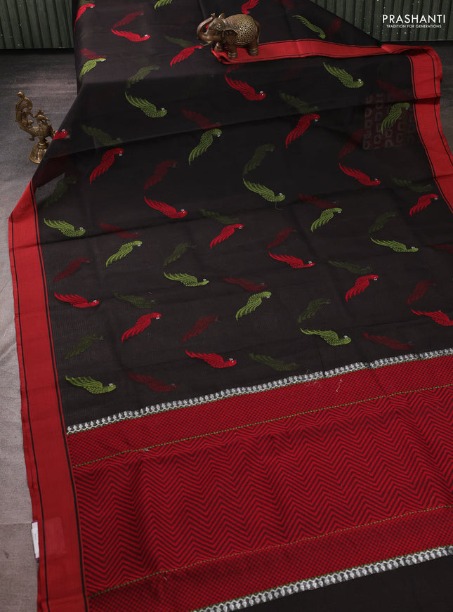 Pure zari kota silk saree black and red with allover thread woven buttas and rettapet border