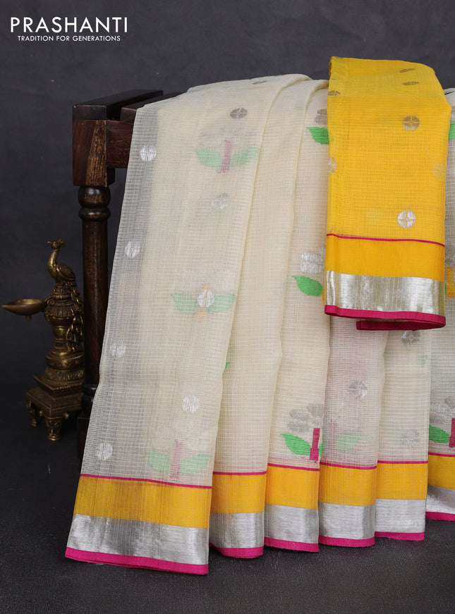 Pure zari kota silk saree cream and magenta pink with allover silver weaves & buttas and simple zari woven border