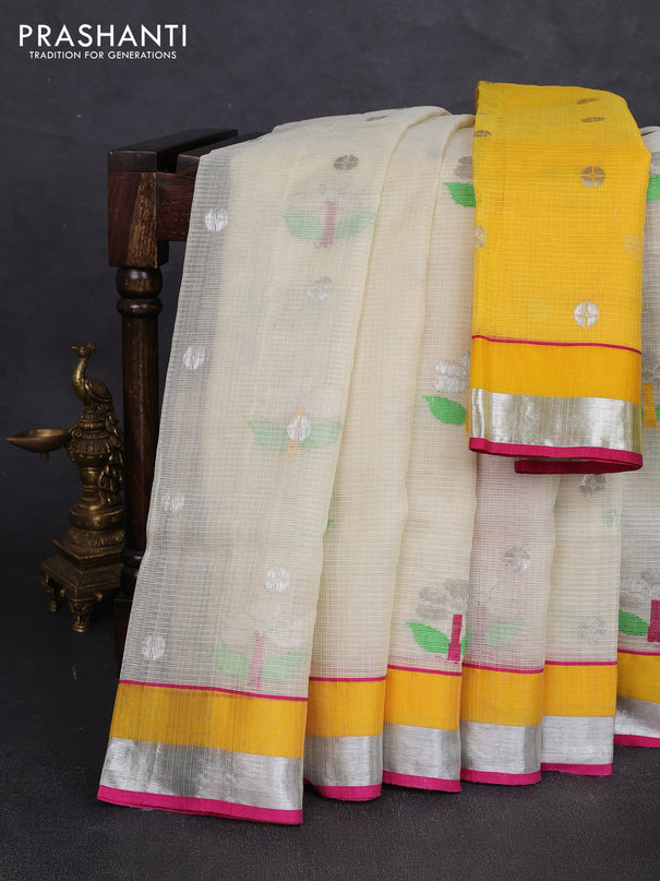 Pure zari kota silk saree cream and magenta pink with allover silver weaves & buttas and simple zari woven border
