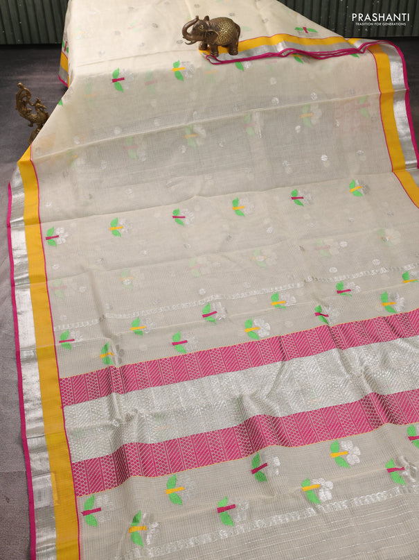 Pure zari kota silk saree cream and magenta pink with allover silver weaves & buttas and simple zari woven border