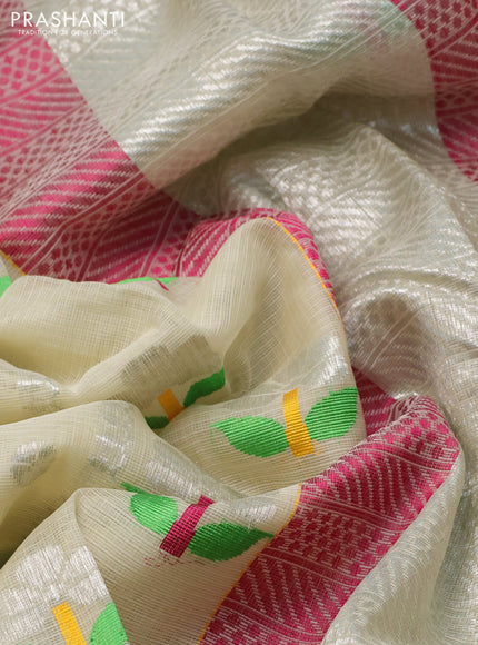 Pure zari kota silk saree cream and magenta pink with allover silver weaves & buttas and simple zari woven border
