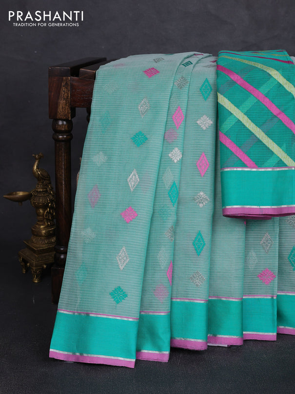 Pure zari kota silk saree teal green with allover silver & zari woven buttas and rettapet zari woven border