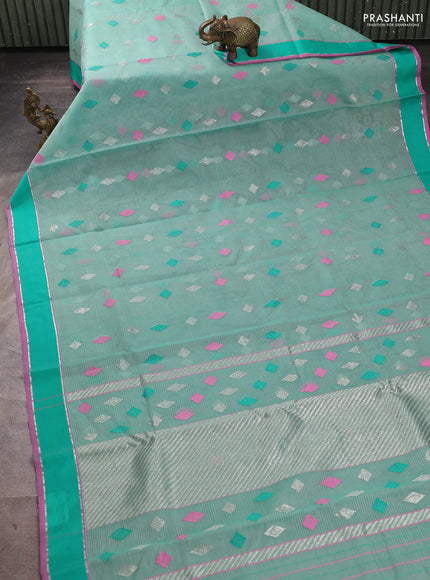 Pure zari kota silk saree teal green with allover silver & zari woven buttas and rettapet zari woven border