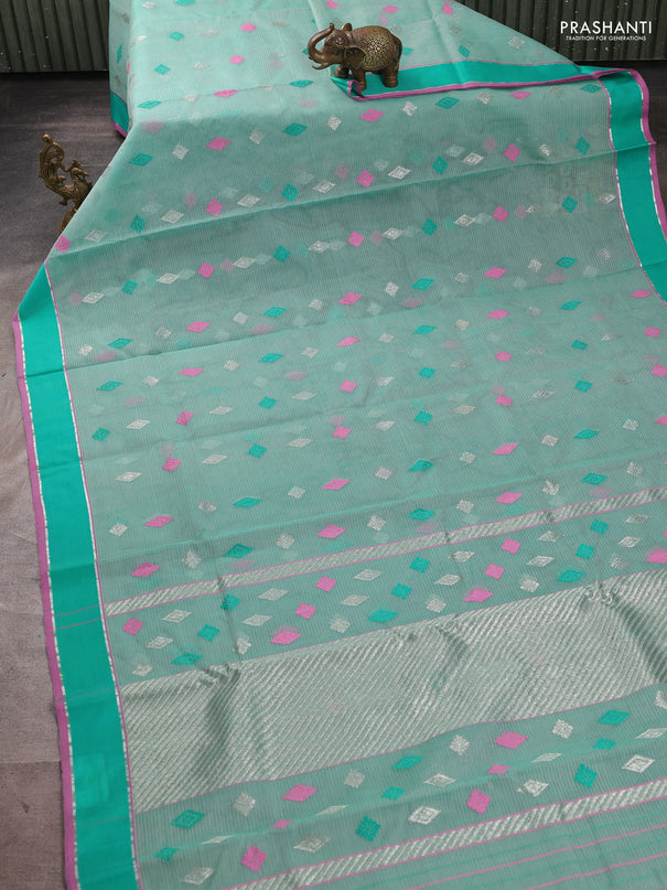 Pure zari kota silk saree teal green with allover silver & zari woven buttas and rettapet zari woven border