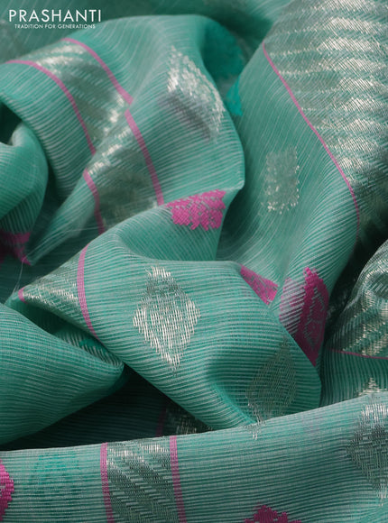 Pure zari kota silk saree teal green with allover silver & zari woven buttas and rettapet zari woven border