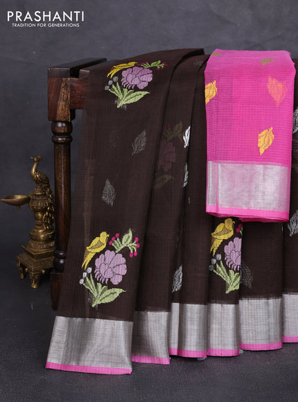 Pure zari kota silk saree coffee brown and pink with allover thread & zari woven buttas and silver zari woven border