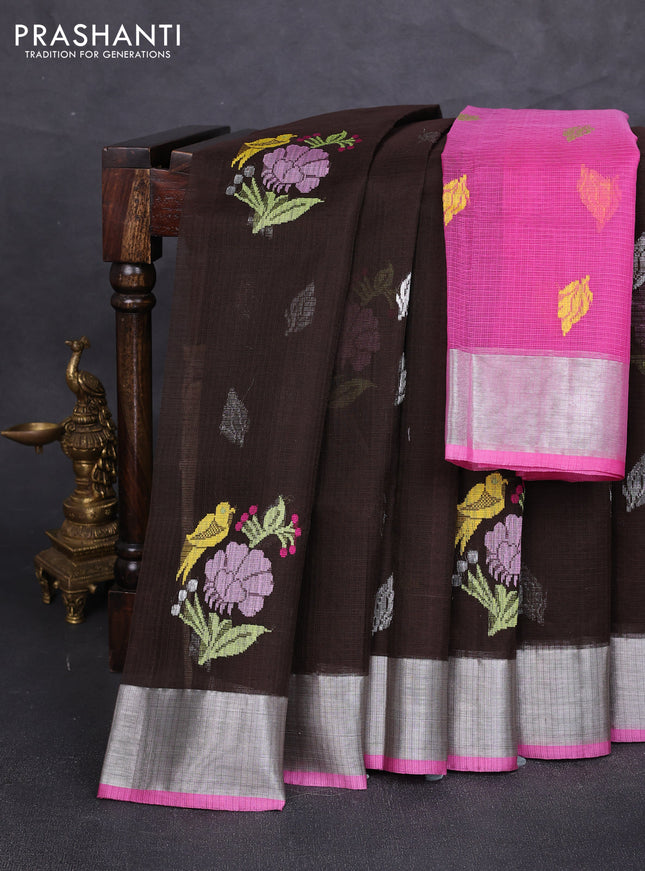 Pure zari kota silk saree coffee brown and pink with allover thread & zari woven buttas and silver zari woven border