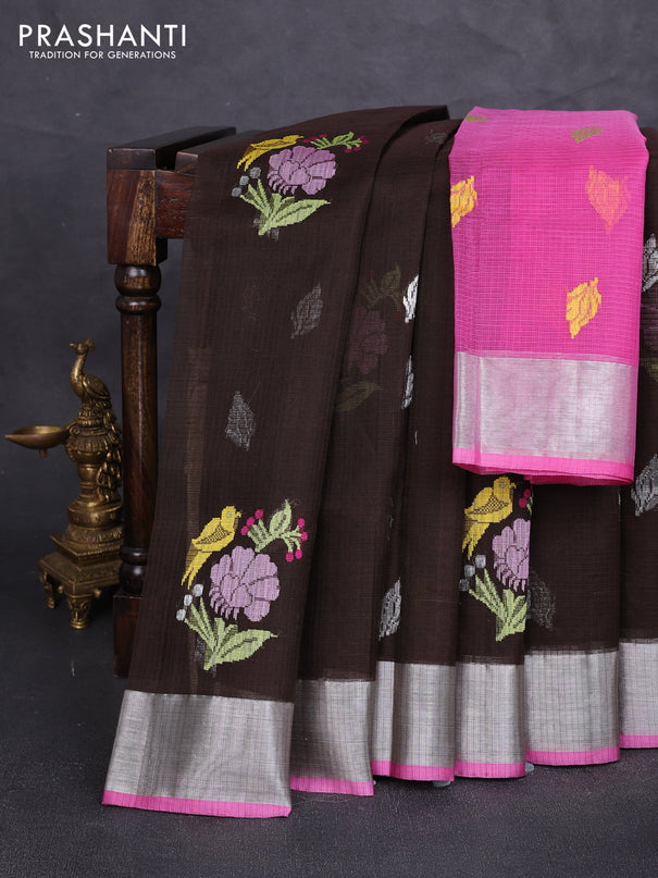Pure zari kota silk saree coffee brown and pink with allover thread & zari woven buttas and silver zari woven border