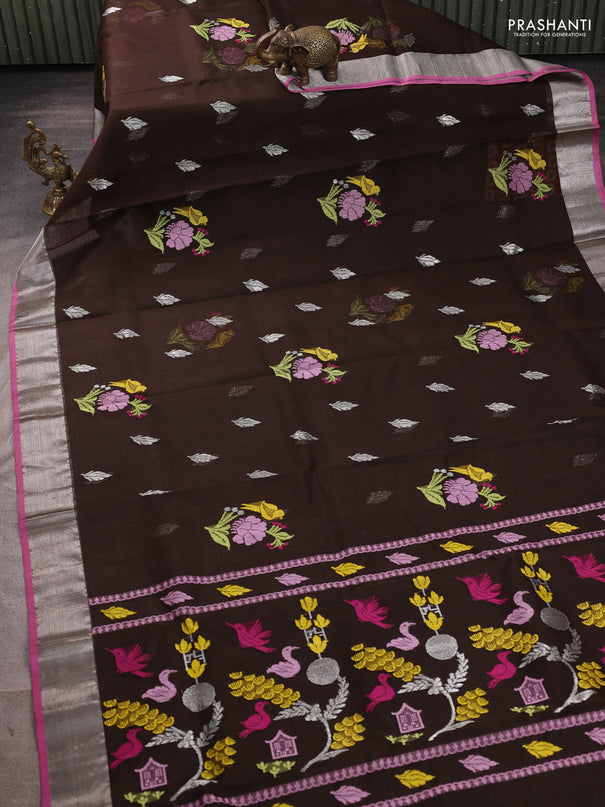 Pure zari kota silk saree coffee brown and pink with allover thread & zari woven buttas and silver zari woven border