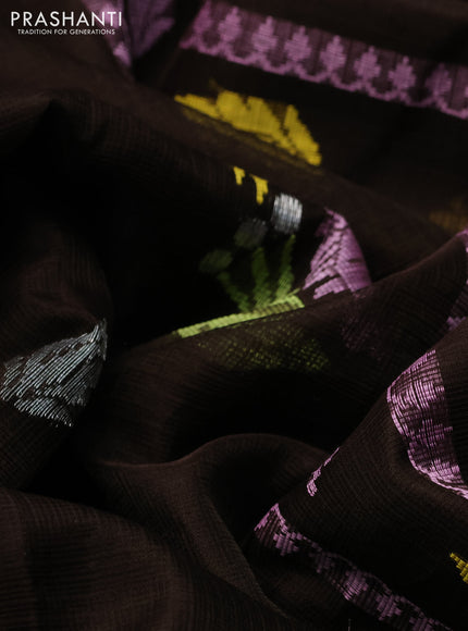 Pure zari kota silk saree coffee brown and pink with allover thread & zari woven buttas and silver zari woven border