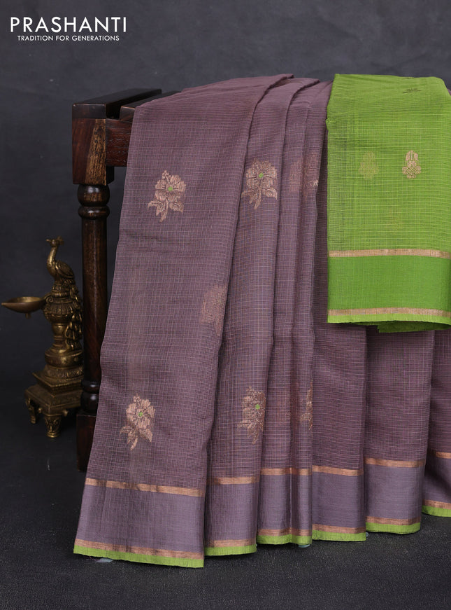 Pure zari kota silk saree rosy brown and light green with allover zari woven buttas and rettapet zari woven border