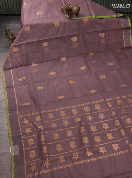 Pure zari kota silk saree rosy brown and light green with allover zari woven buttas and rettapet zari woven border