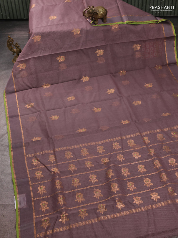Pure zari kota silk saree rosy brown and light green with allover zari woven buttas and rettapet zari woven border
