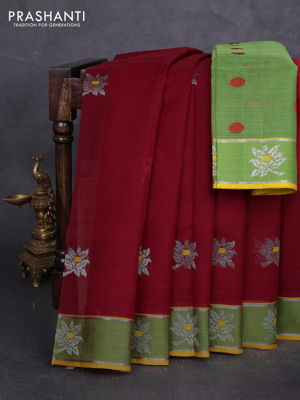 Pure zari kota silk saree maroon and green with allover silver & thread woven buttas and woven butta border