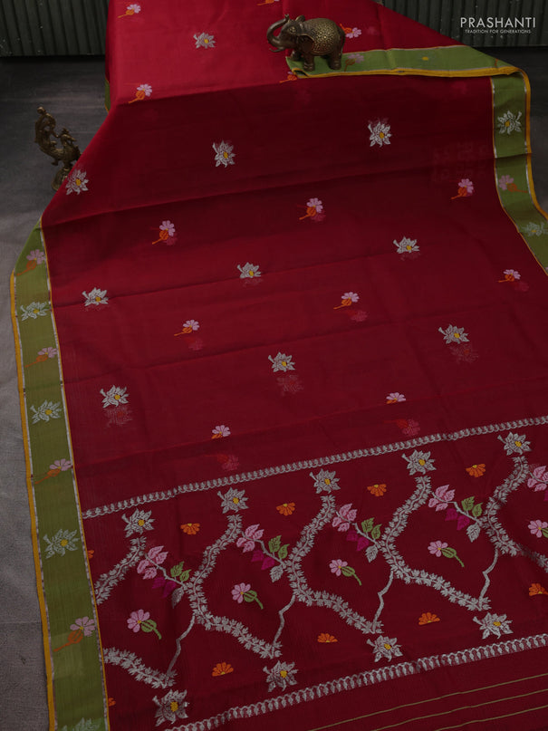 Pure zari kota silk saree maroon and green with allover silver & thread woven buttas and woven butta border