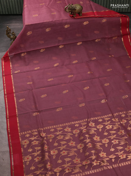 Pure zari kota silk saree rosy brown and maroon with allover silver zari woven buttas and rettapet zari woven border
