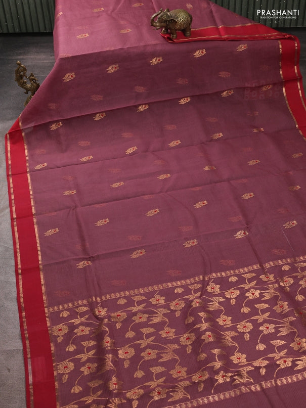 Pure zari kota silk saree rosy brown and maroon with allover silver zari woven buttas and rettapet zari woven border