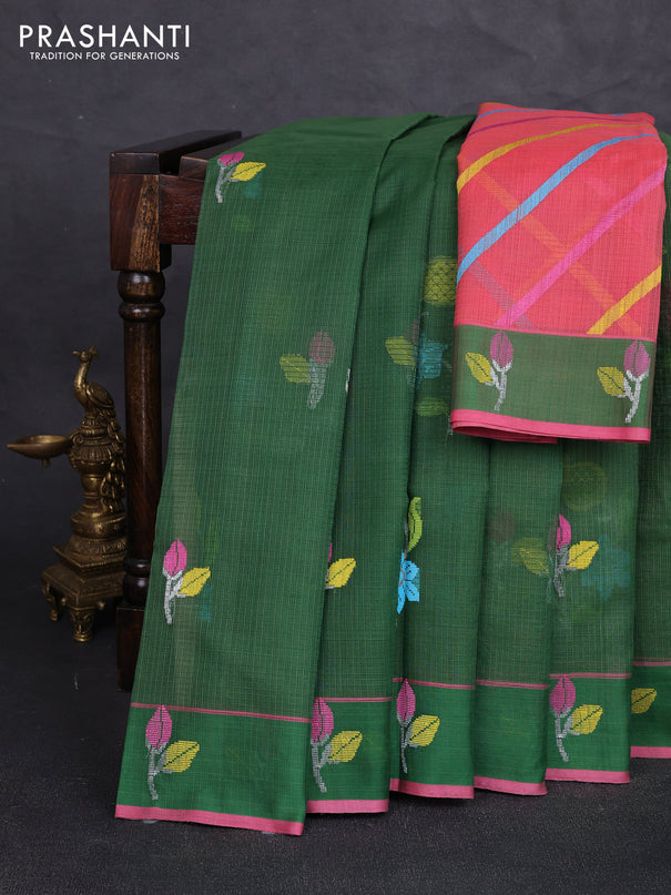 Pure zari kota silk saree green and pink with allover thread & zari woven buttas and rettapet thread woven borde