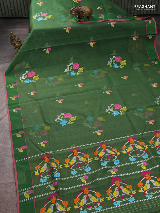 Pure zari kota silk saree green and pink with allover thread & zari woven buttas and rettapet thread woven borde