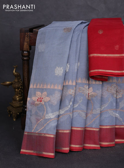 Pure zari kota silk saree grey and maroon with allover silver & zari woven buttas and rettapet zari woven border