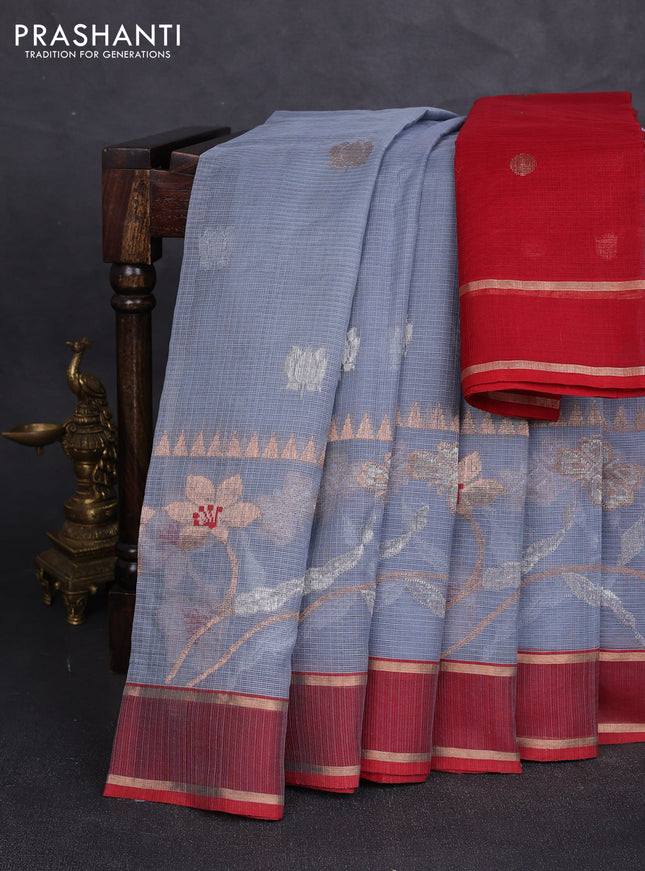 Pure zari kota silk saree grey and maroon with allover silver & zari woven buttas and rettapet zari woven border