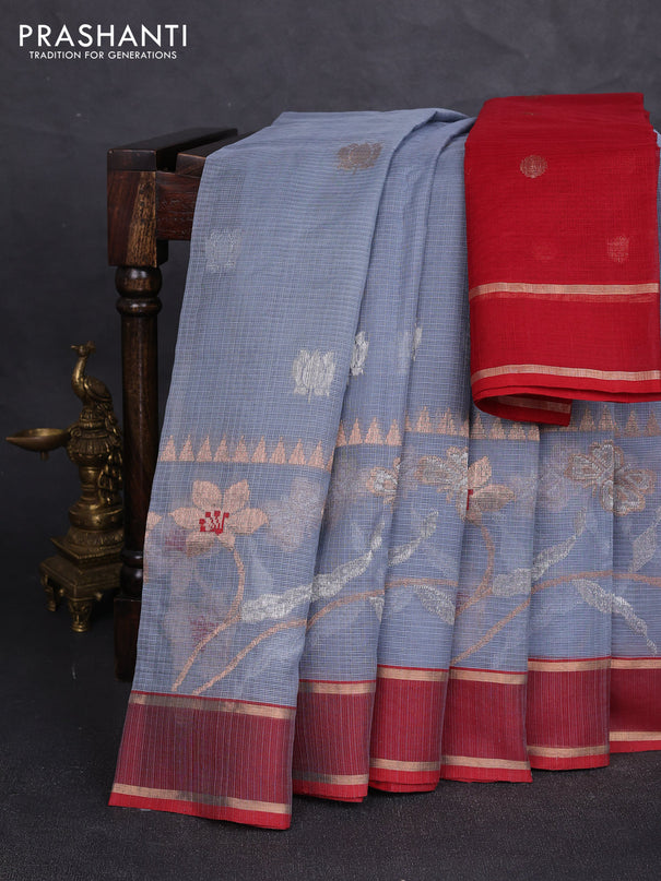Pure zari kota silk saree grey and maroon with allover silver & zari woven buttas and rettapet zari woven border