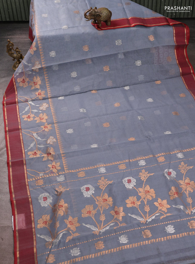 Pure zari kota silk saree grey and maroon with allover silver & zari woven buttas and rettapet zari woven border
